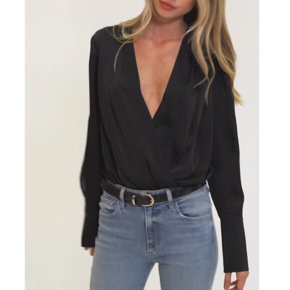 NWT Favorite Daughter The Date Blouse Satin Bodysuit Black Noir - Picture 1 of 5